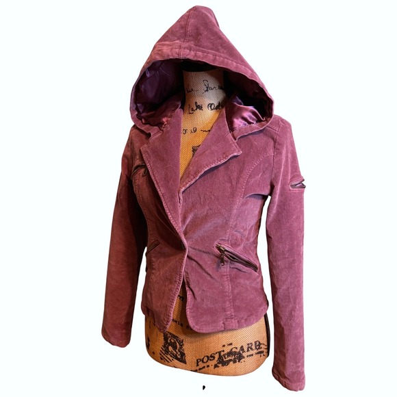 Dollhouse Jackets & Blazers - Dollhouse Womens Mauve Purple Corduroy Hooded Moto Blazer Jacket Size M Y2K